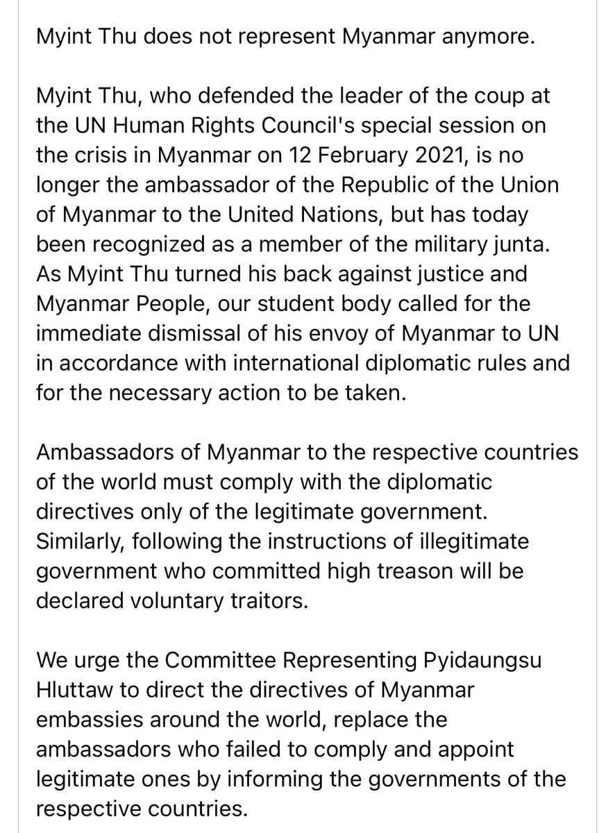 hannayuri_twt's tweet photo. Myint thu does not represent Myanmar anymore 🙏 

#CDM_IsTheAnswer
#Feb12Coup
#WhatsHappeningInMyanmar https://t.co/3KEZSVeATf