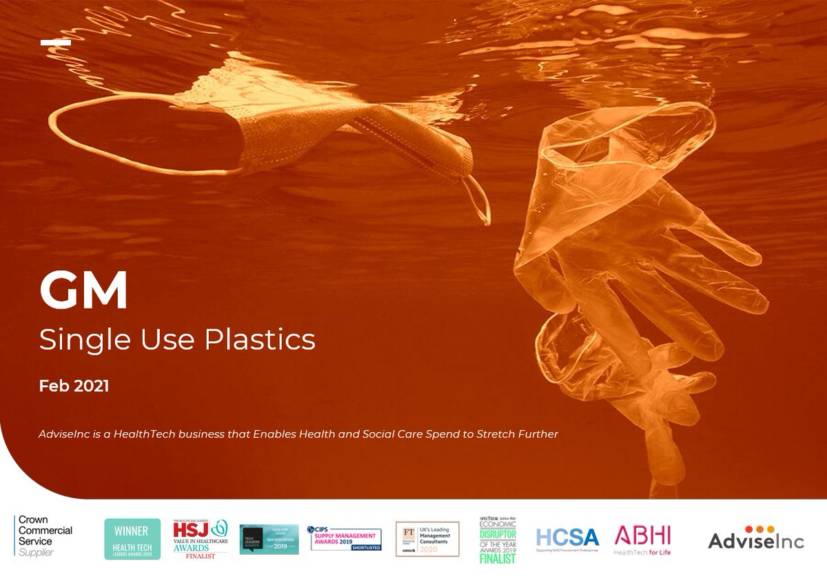 We'd asked @AdviseIncLtd to look at GM Trusts Top 100 single use products which contain plastic. Covers 3% of PO spend Approx 750 tonnes 99.5% supplied via @NHSSupplyChain Intravenous & arterial tubing key area More detail to come but great analysis! #NHS #plastics