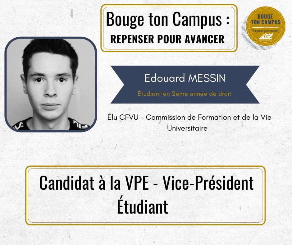 [VPE BOUGE TON CAMPUS]

Hier a eu lieu l’élection du Vice Président Étudiant de l’USMB. 

Et c’est Édouard Messin de la liste Bouge Ton Campus portée par la FEUS qui a été élu ! 👏🏻

Il aura à cœur d’œuvrer pour les étudiantEs des différents campus de l’USMB 🤝