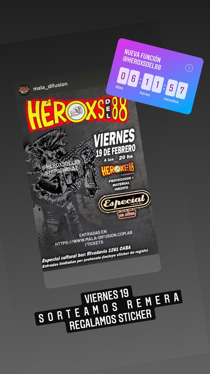 heroxsdel88's tweet photo. Viernes próximo. Después no sabemos si hay más. Material extra, stickers, sorteo de remeras... #salidaresponsable #cinepunk #eldocudeinvasion88 https://t.co/pjZ97h1U4g
