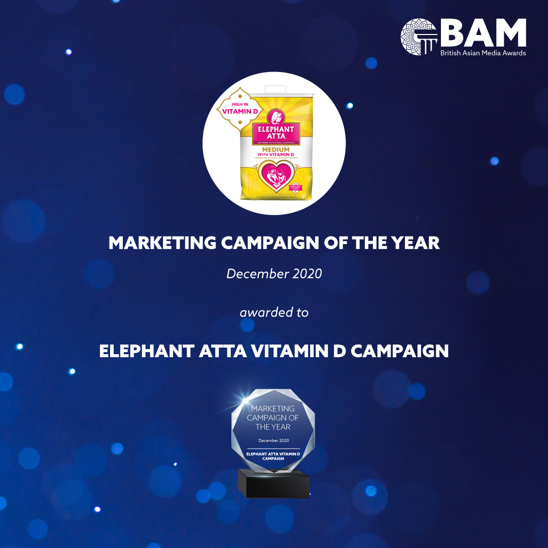 BAMawardsuk's tweet photo. Marketing Campaign of the Year: @Elephant_Atta  #VitaminD Campaign. 2020 was the year of brand responsibility, and during #COVID19 Elephant Atta’s Vitamin D campaign stood out, in educating the #SouthAsian community on the importance of Vitamin D. @hereandnow365  @Campaignmag https://t.co/AHtFBd28f2