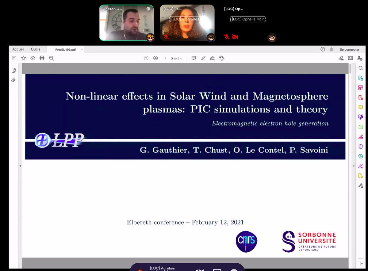 #Elbereth2021 continue with a talk by Gaetan Gauthier from <a href="/LabPhysPlasmas/">Laboratoire de Physique des Plasmas</a> about Solar wind and magnetospheric plasma.