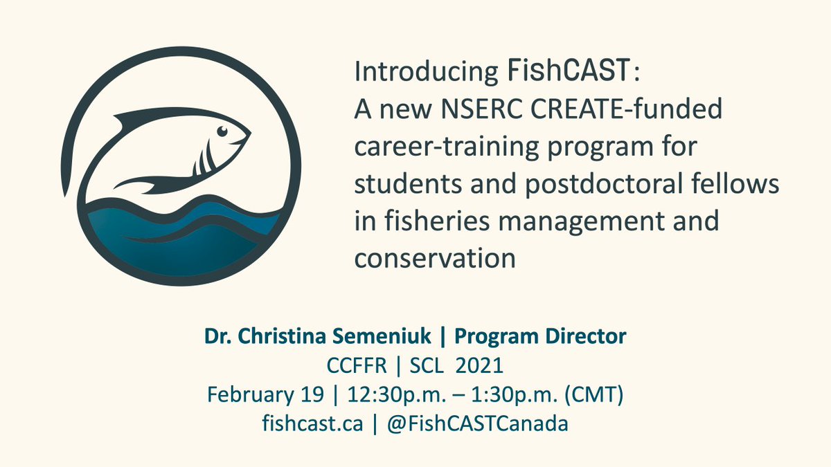 Join Program Director @PredictEcoLab virtually at #ccffrscl2021 on February 19th to find out more about #FishCAST, an <a href="/NSERC_CRSNG/">NSERC / CRSNG</a> Program. And meet members of our amazing team including <a href="/MargaretDocker/">Margaret Docker</a> <a href="/audet_c/">Céline Audet</a>, and Daniel Heath! All are welcome!🤩
#fisheries #InclusionMatters