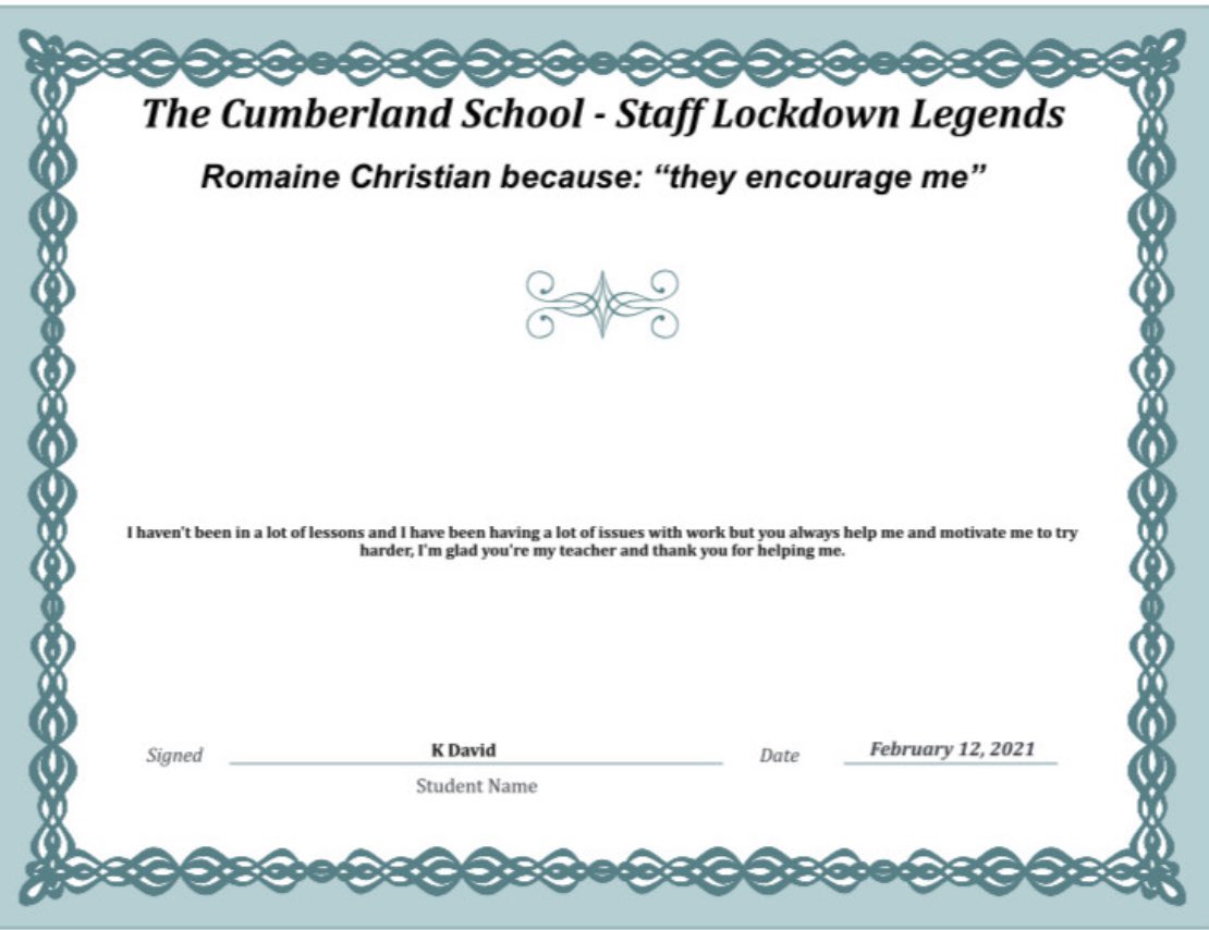 cumberlandcst's tweet photo. Thank you to Ms Christian #LockdownLegends #TCSpectacular #ThankYou #Appreciation #RealHeroesDontWearCapes @artandphoto_tcs https://t.co/Bd03Mjq3RU