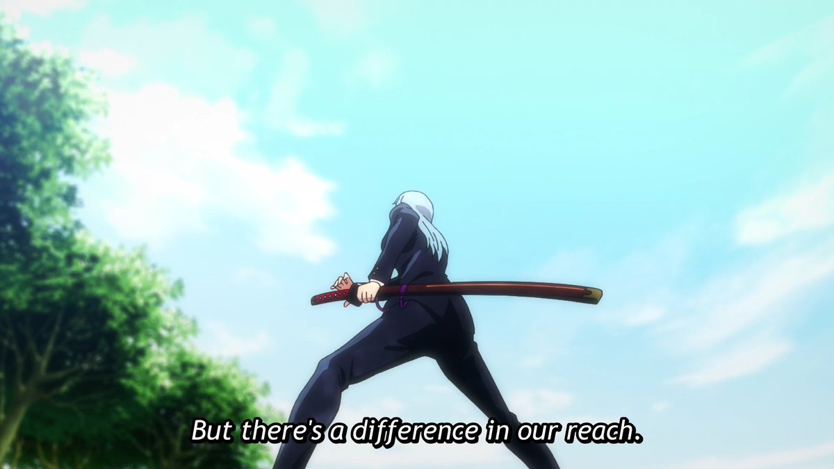 I like the quick shots focused on each weapon to showcase what's said here, the difference in reach.Overall, this fight helps us get accustomed to Maki fighting. Great physically and tactically.