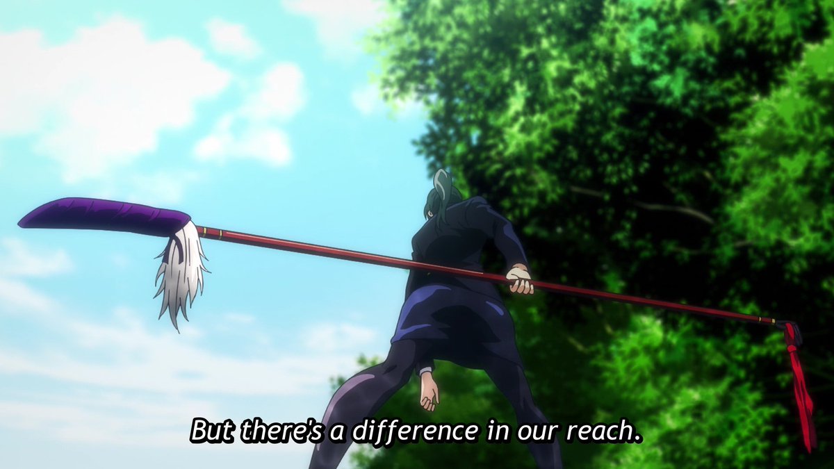 I like the quick shots focused on each weapon to showcase what's said here, the difference in reach.Overall, this fight helps us get accustomed to Maki fighting. Great physically and tactically.