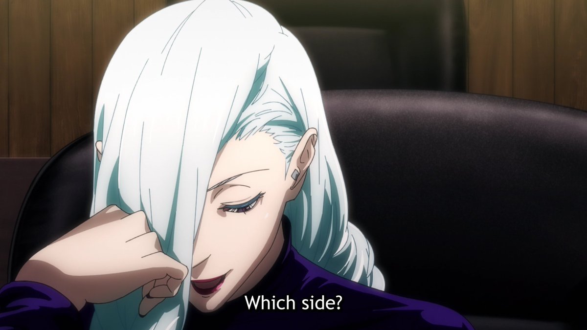 She looks down the whole time she is talking to Gojo, just not interested as there's no meny in play.And then looks up at the camera, introducing herself as well as her motives to us