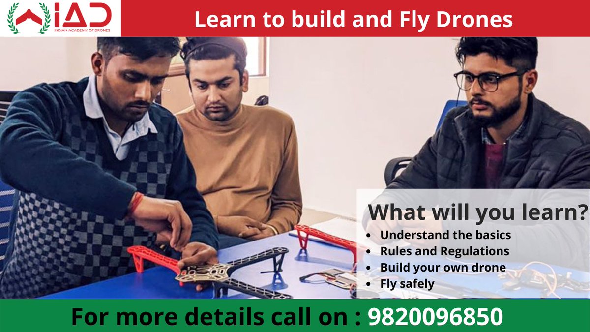 IA_Drones's tweet photo. Learn to Build and Fly drones in our 5-day training program! 
Go ahead and snap up your registration for 5 days Advance Professional Course.

Visit:
https://t.co/1Zd7zSpraH

#indianacademyofdrones #drones #dronetraining #Technology #Innovation #dronepilotlife #goals #career https://t.co/50VgKC10dS