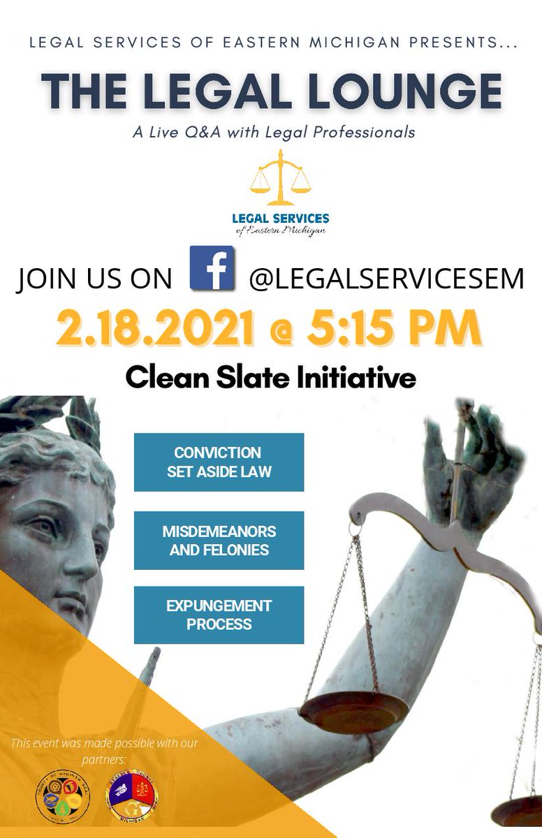 milegalhelp's tweet photo. Do you have questions about the new "Clean Slate" Criminal Justice Reform Bills? Bring your questions to the Legal Lounge Facebook event by @LegalServicesEM next Thursday, the 18th at 5:15 pm. https://t.co/UUnEJkO55W