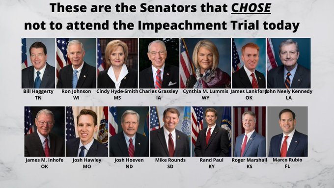 shossy2's tweet photo. These 14 #SeditiousGOP chose not to attend yesterday's hearing
All familiar names who are supposed to be impartial jurors but are now on track to break every oath they've ever taken as GOP Senators
Remember every one of them at the ballot box
They are traitors to our country https://t.co/5yLFBx4az8
