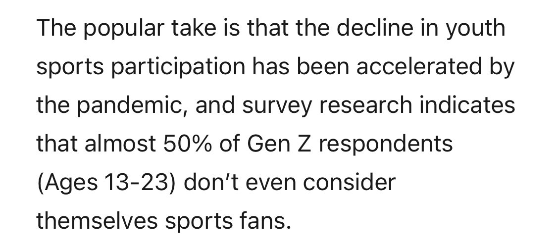 This stat in <a href="/JoePompliano/">Joe Pompliano</a>’s newsletter this AM hit hard. 

Our vision in #SportsBiz needs to shift from ‘seasons’ to ’decades’ 🔭

Decisions today will have a butterfly effect on our fans &amp; communities in 2031 and beyond.