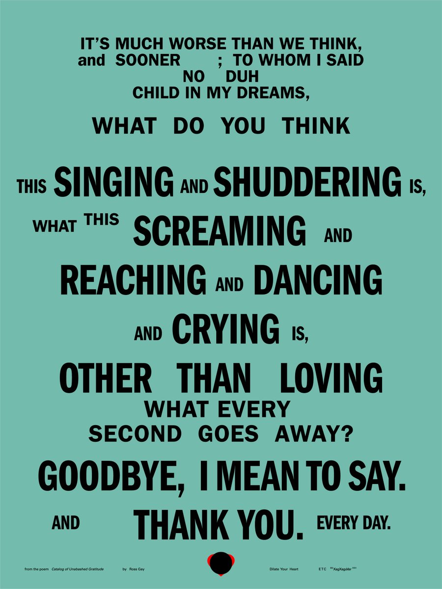 At the Jag Quarterly Store, we have a limited edition run of 18x24 french paper prints designed by <a href="/3TC3T3RA/">ETC</a>, all highlighting phrases and mantras from Ross Gay's poems from 'Dilate Your Heart.' Thank you. Every day.

secretlystore.com/store/jag25

#JAG25 #XagXaguVar