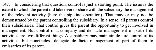 (c) control “is just a starting point”, key issue is assumption/sharing of management of relevant activity & regardless of control exercised, claiming it in public documents may be sufficient