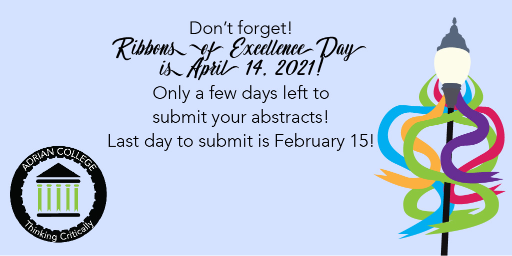 AC_Ribbons's tweet photo. Donโt forget! There are only a few days left to send in your abstracts! Any kind of big project can be sent in, including art, performances, and posters! #AC #ROE2021 #RibbonsofExcellence #ThinkingCritically #GDTBAB https://t.co/rJxBKQ4ZaV