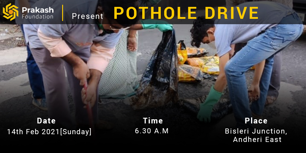 PrakashFndnOrg's tweet photo. This Valentine’s Day join us for a Pothole Drive and show some love for the roads that help us travel from place to place all day long! 

Date: 14th Feb 2021 (Sunday) 
Time: 6:30am onwards 
 Venue: Bisleri Junction, Andheri East

#prakashfoundation #potholedrive #valentinesday https://t.co/eVFCB4Mdp5