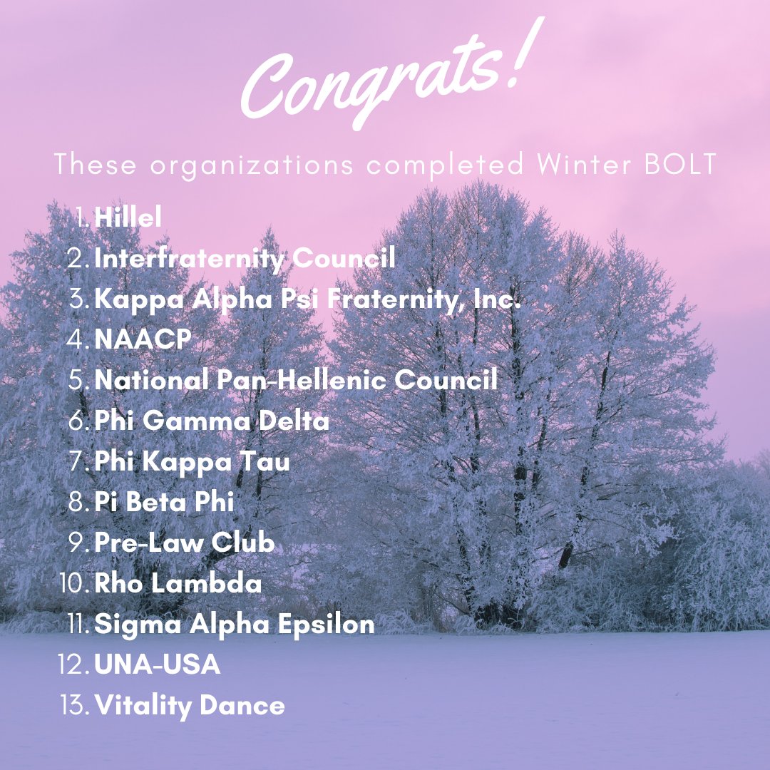 BradleySAO's tweet photo. Congratulations to these organization who completed BOLT over the last week! Remember you can access BOLT by the link in our bio #studentorgs #binvolved https://t.co/aecLAZuaYz