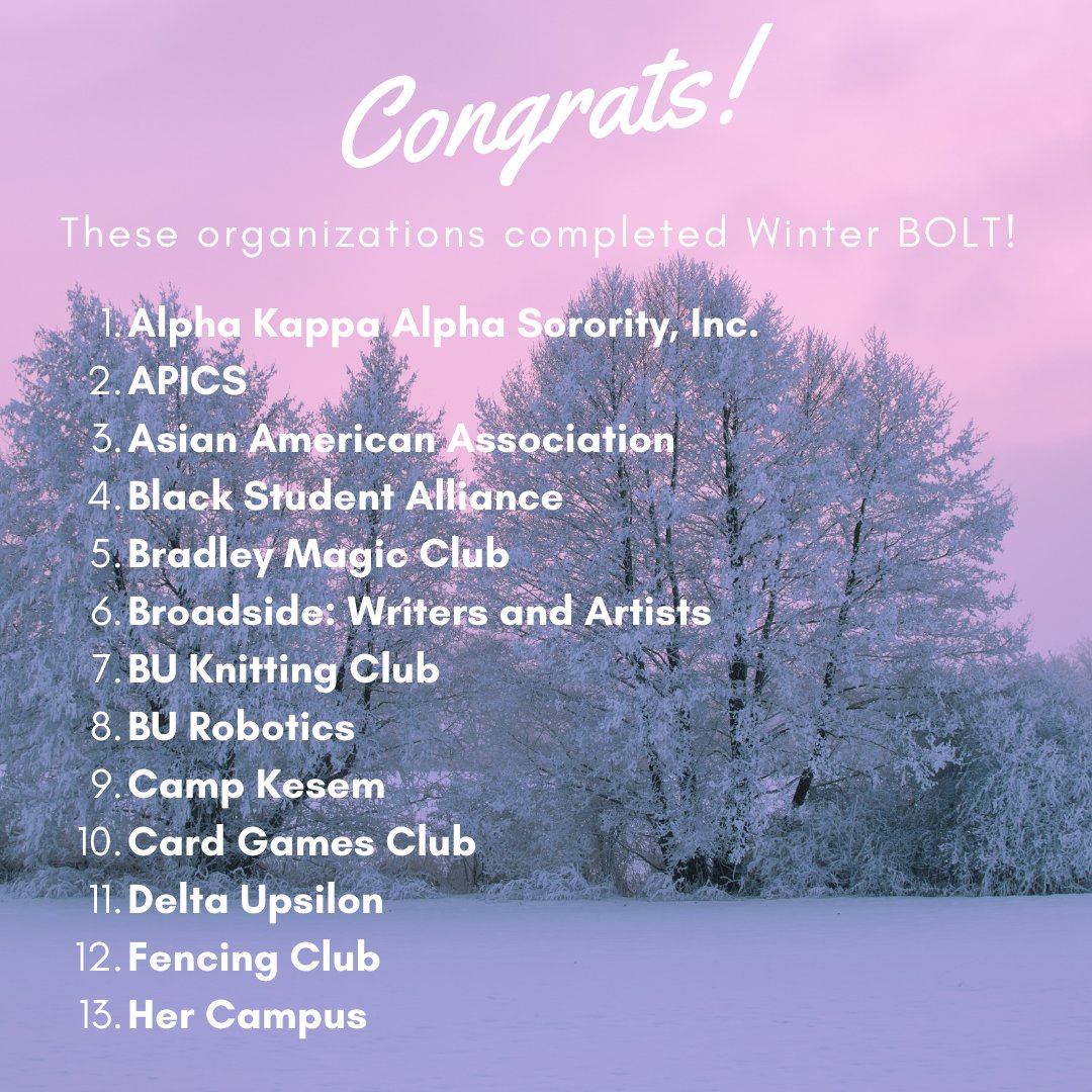 BradleySAO's tweet photo. Congratulations to these organization who completed BOLT over the last week! Remember you can access BOLT by the link in our bio #studentorgs #binvolved https://t.co/aecLAZuaYz