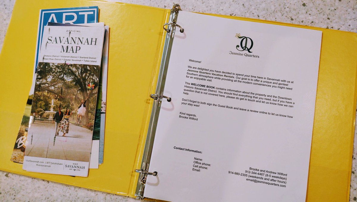 JasmineQuarters's tweet photo. Be welcomed to all our properties with this fantasty welcome book with everything you need to explore Savannah!

#travel #travelgram #savannah #savannahga #savannageorgia #discoversavannah #vacationrentals https://t.co/pUHGXTQvW9