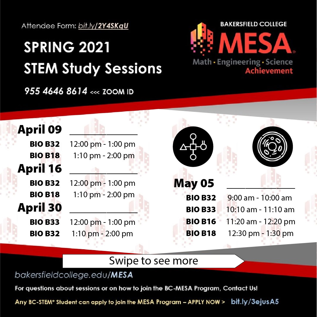 BCSGA's tweet photo. MESA of Bakersfield College is hosting STEM study sessions for any assistance with your nursing course-study material.
Courses covered in Pre-Exam Study Sessions on select Fridays.
Zoom ID: 955 4646 8614
#bakerfiledcollege #bcosl #bcsga #bcmesa #BCSTEM #BCNursing #BCfun https://t.co/deoY8PySJZ