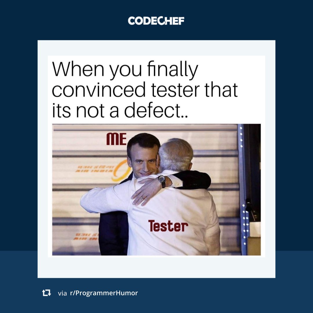 codechef's tweet image. The only hug that matters to a programmer!😉
Credits: r/ProgrammerHumor
#memes #programmershumour #ValentinesWeek #HugDay