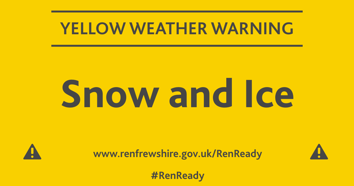 RenCouncil's tweet photo. Sorry to report that the @metoffice have issued a yellow weather warning for snow and ice tomorrow.

It's in place between 9am and 10pm on Saturday⏰

Please stay safe and only travel if it is essential #RenReady https://t.co/OsgUGI628d
