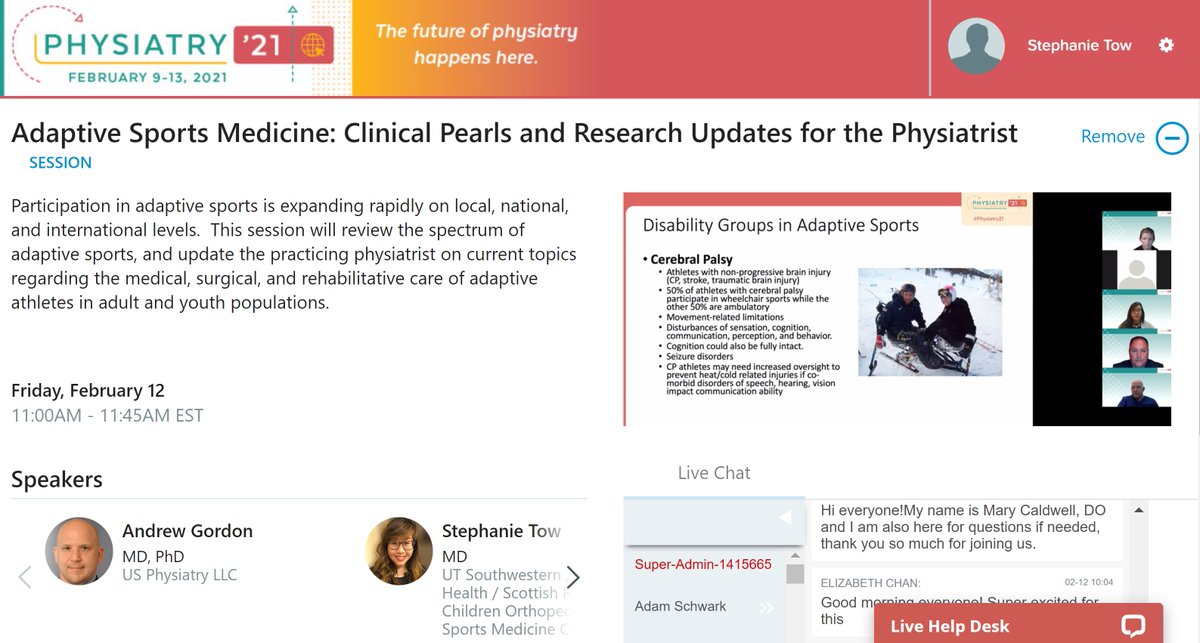 At the #Physiatry21 annual meeting? Tune in to our session "Adaptive Sports Medicine: Clinical Pearls and Research Updates for the Physiatrist" going on now (simulated live)! Thanks to co-speakers <a href="/AndrewHGordon/">Andrew Gordon</a> <a href="/DrDeLuigi/">Arthur Jason De Luigi</a> Mary Caldwell #AdaptiveSportsMedicine #ParaSportsMedicine