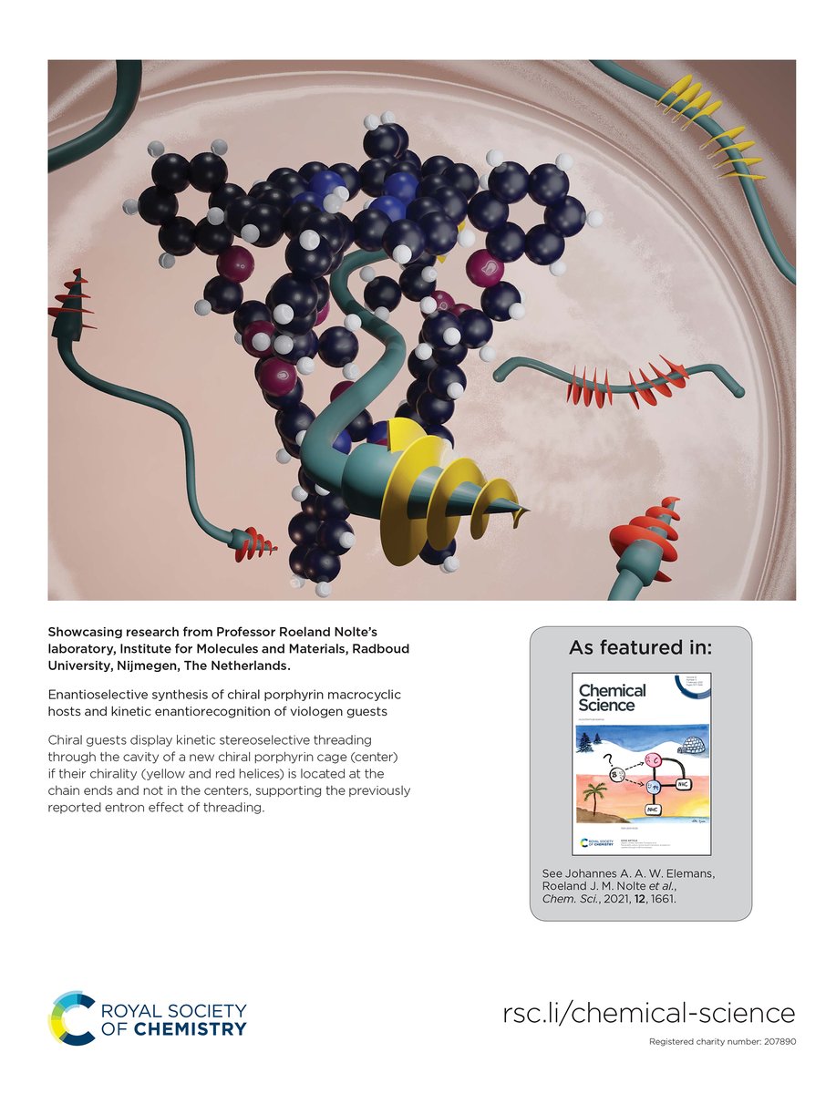 Our final #ChemSciCovers this week showcases recent work by Johannes Elemans, Roeland Nolte et al. @Radboud_Uni ✨🤩

Enantioselective synthesis of chiral porphyrin macrocyclic hosts and kinetic enantiorecognition of viologen guests 🔗 ow.ly/kuQk50Dyw8t
