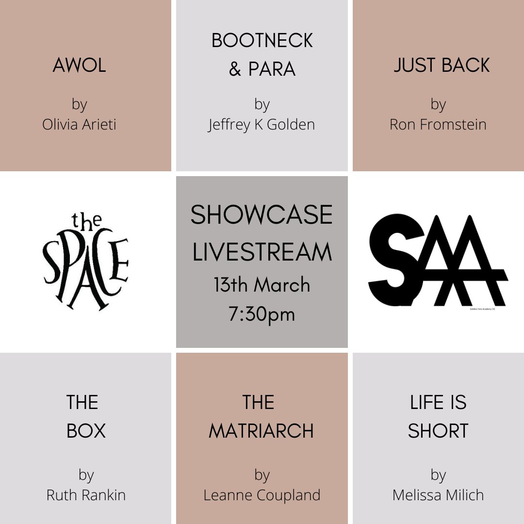 SoldiersArtsA's tweet photo. We are delighted to announce the new date for our 10 Minute Play Competition Showcase!
Livestreaming from The Space at 7:30pm on Saturday 13th March
Head to their website to get your tickets and see 6 brilliant new short plays in all one evening...
https://t.co/HE6xFJMohl https://t.co/yJ7DU8TFgR