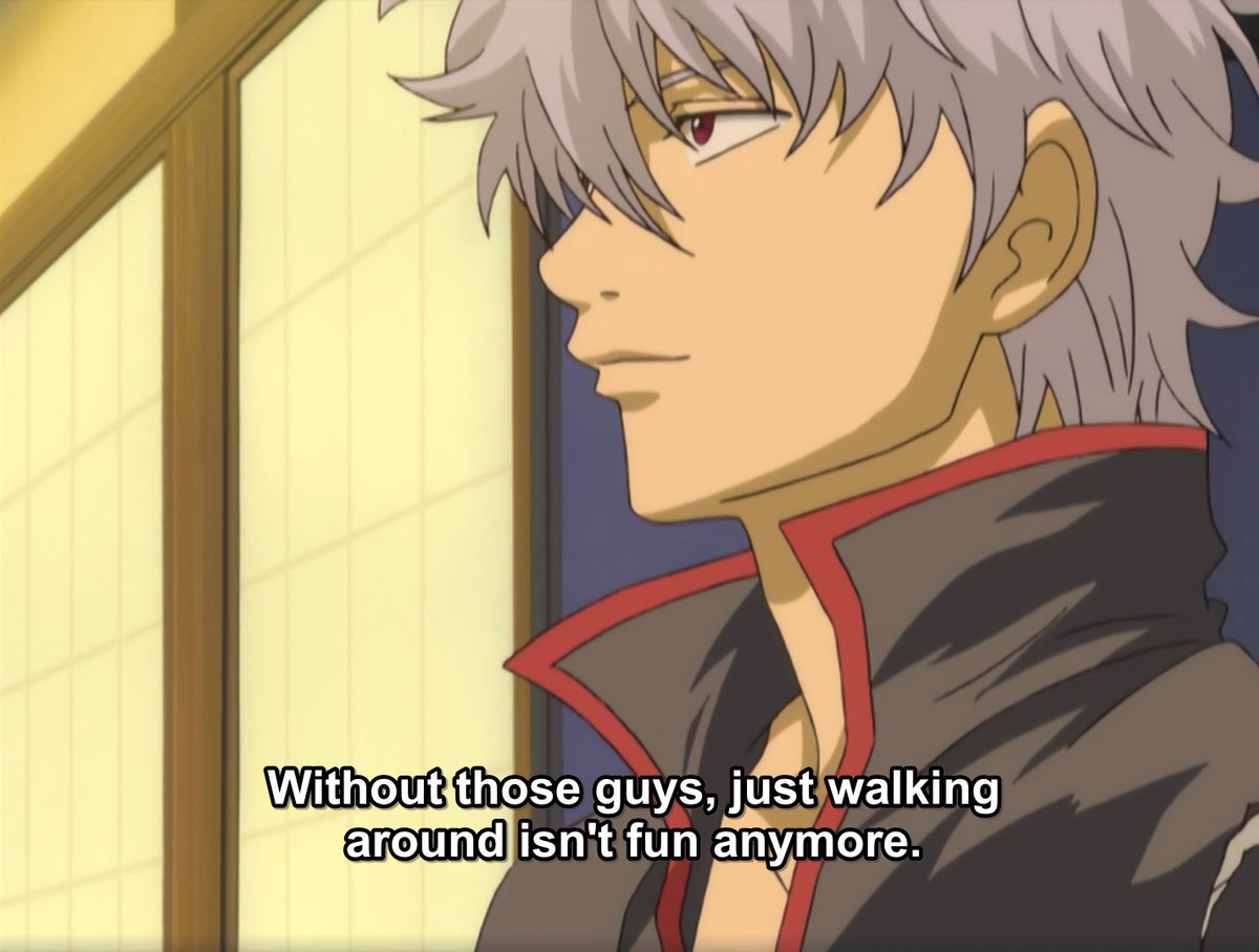 He hides his real feelings behind a smiling face, his dead fish eyes and a laid-back attitude. Like Kagura, he doesn't really show his weaknesses or wants other people to notice them.This changes though, when he meets Kagura and Shinpachi and warms up to them.