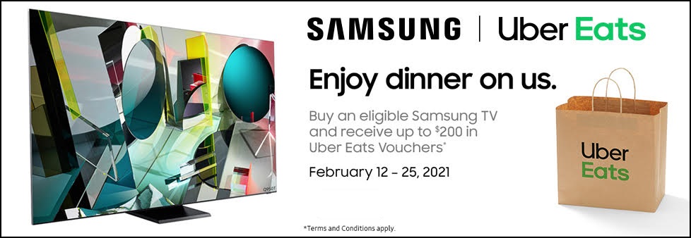 2001AV's tweet image. The perfect dinner &amp;amp; a movie! Buy an eligible Samsung TV &amp;amp; you'll receive up to $200 in Uber Eats vouchers! Shop now: bit.ly/2LOHBIy