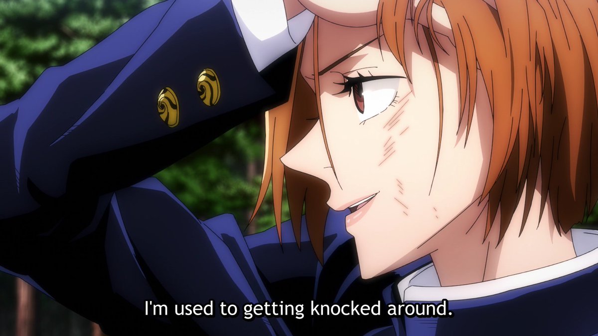 We get this exy ass shot of Nobara rearranging her hair as she mentions she's used to being knocked around. This is a detail that has not been adapted from the manga and I'll come back to it later when it's relevant again.