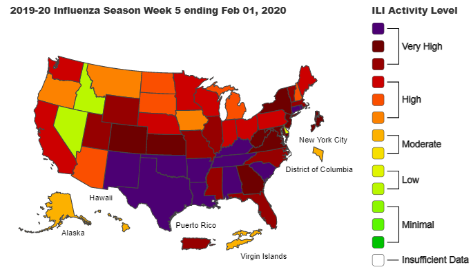 Influenza-Like Illness (ILI) MapWeek 5: 2021, 2020, 2019, 2018