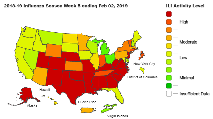 Influenza-Like Illness (ILI) MapWeek 5: 2021, 2020, 2019, 2018