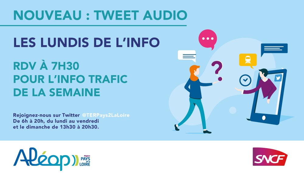TERPays2LaLoire's tweet photo. 📣 [#LesLundisDeLinfo] 📣 NOUVEAUTÉ à écouter ! Désormais, chaque lundi à 7h30, ne manquez pas notre RDV audio sur Twitter pour le point #Infotrafic de la semaine.
🔜 Et ça commence... #Lundi15Février !

 📲 Rejoignez-nous sur Twitter @TERPays2LaLoire ! https://t.co/Zict2Iy3Ec