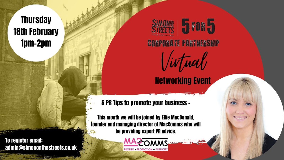 Are you looking to give your business a boost? Not sure you could do your own #PR? Our founder <a href="/MacCommsEllie/">Ellie MacDonald</a> has some free tools, tricks and advice to share with attendees of <a href="/simonotstreets/">Simon on the Streets</a> free 5 for 5 event next Thursday. Book your place today 👇