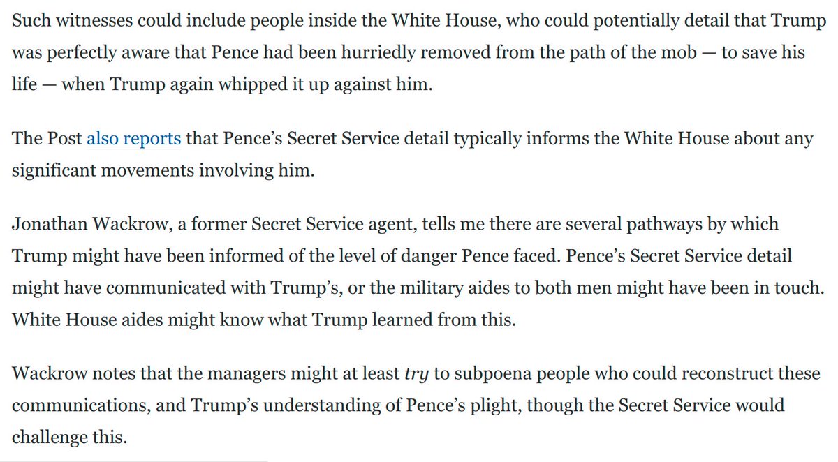 I talked to a former Secret Service agent, who explained to me what Trump might have known about the danger Pence was in when Trump whipped up the mob against him.This former agent says witnesses could help reconstruct what Trump knew and when: https://www.washingtonpost.com/opinions/2021/02/12/democrats-call-witnesses-trump-impeachment/