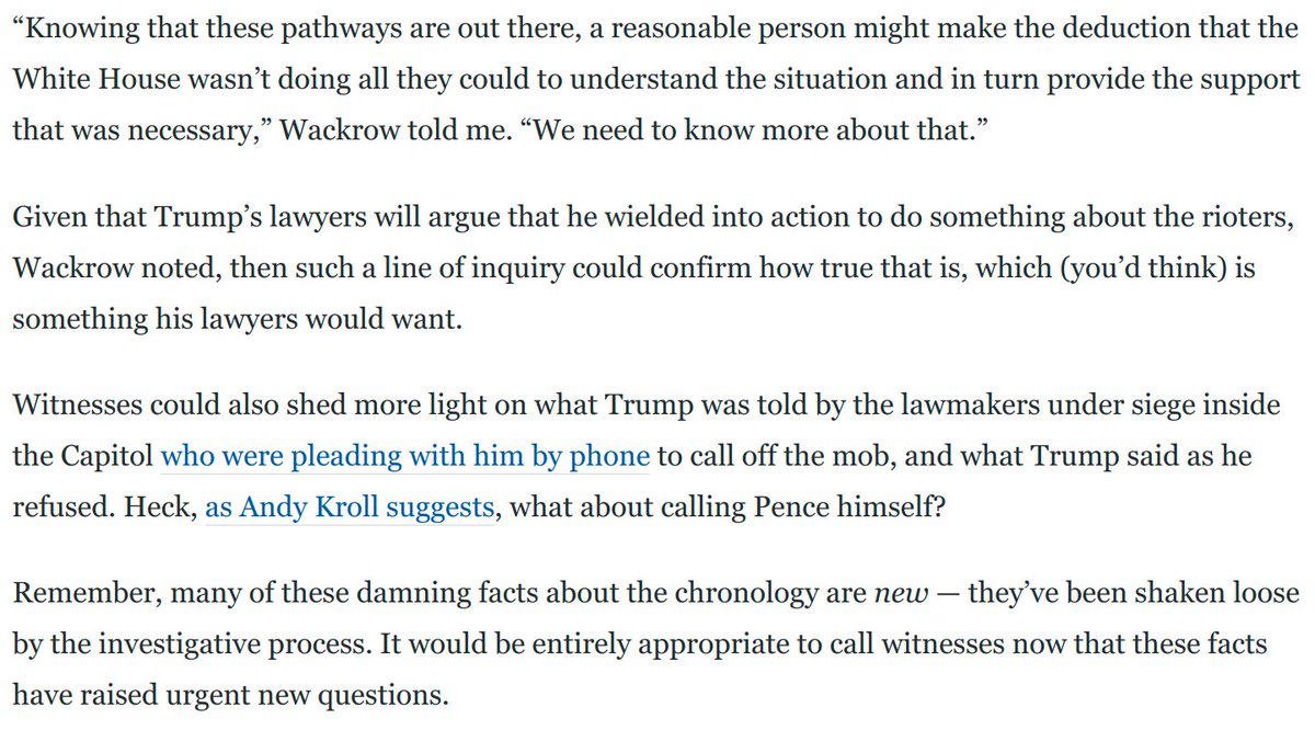 I talked to a former Secret Service agent, who explained to me what Trump might have known about the danger Pence was in when Trump whipped up the mob against him.This former agent says witnesses could help reconstruct what Trump knew and when: https://www.washingtonpost.com/opinions/2021/02/12/democrats-call-witnesses-trump-impeachment/