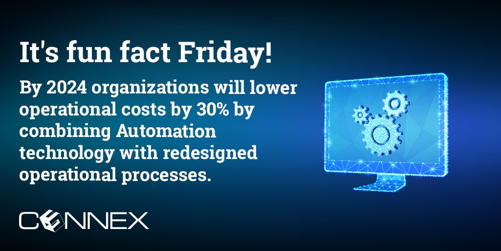 connextele's tweet image. It's fun fact Friday! By 2024 organizations will lower operational costs by 30% by combining automation technology with redesigned operational processes. Source: @ActiveBatch 

#funfactfriday #fridaystats #fridayfeeling #automation #AI #futureproof #digitaltransformation