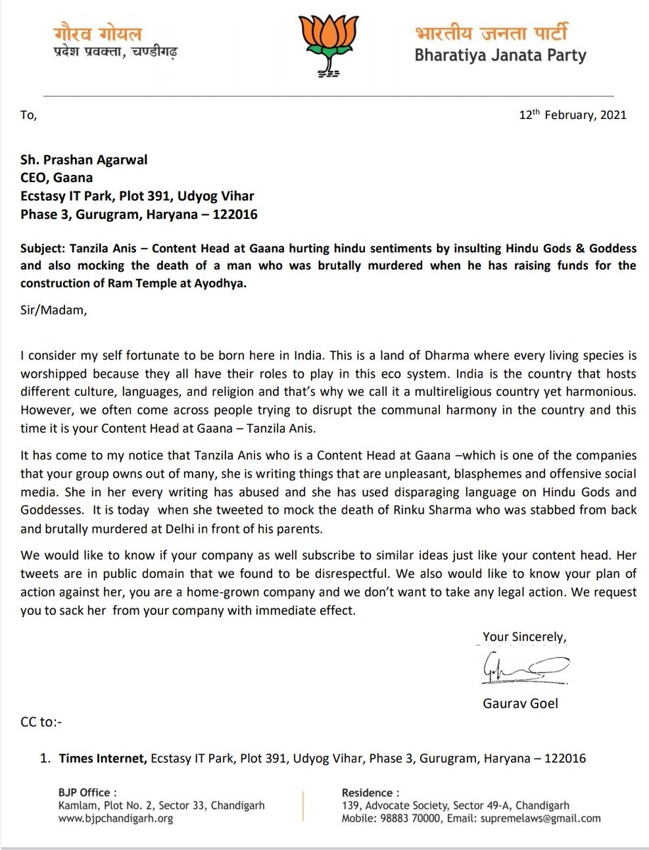 goelgauravbjp's tweet photo. Letter to CEO of @gaana &amp; @TimesInternet to immediately remove Tanzila Anis from the company with immediate effect.

#BoycottGaana
#JusticeForRinkuSharma https://t.co/NZIMO9AUkm