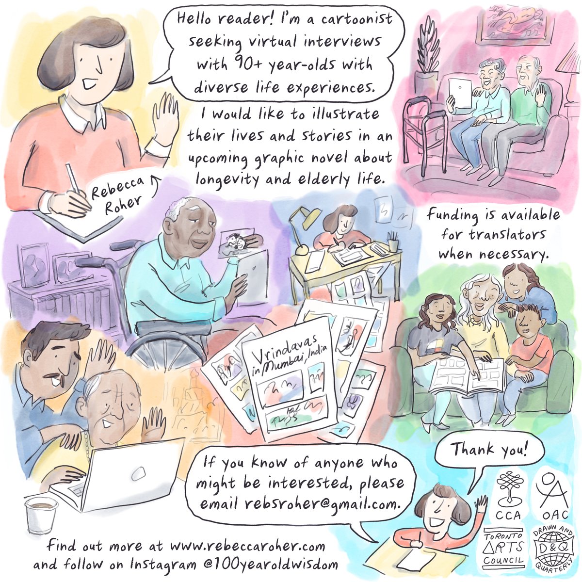 Cartoonist Rebecca Roher is seeking virtual interviews with 90+ year olds with diverse life experiences for an upcoming graphic novel about longevity and aging. If you know anyone who might be interested, email rebsroher@gmail.com or DM @resroher. More at rebeccaroher.com