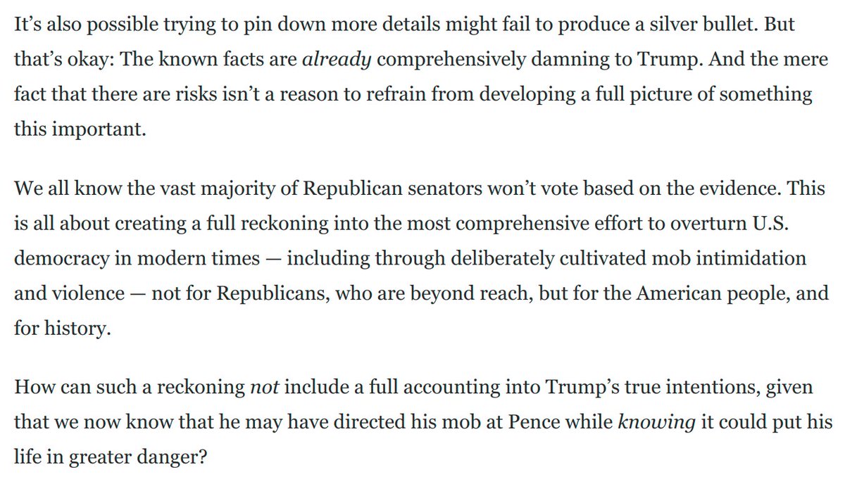 I don't see how Dems can refrain from a full accounting, with witnesses, given what we've learned.This isn't for Rs, who are hopeless. It's for the American people and for history.I tried to rebut objections:(others like  @Timodc have been good here) https://www.washingtonpost.com/opinions/2021/02/12/democrats-call-witnesses-trump-impeachment/