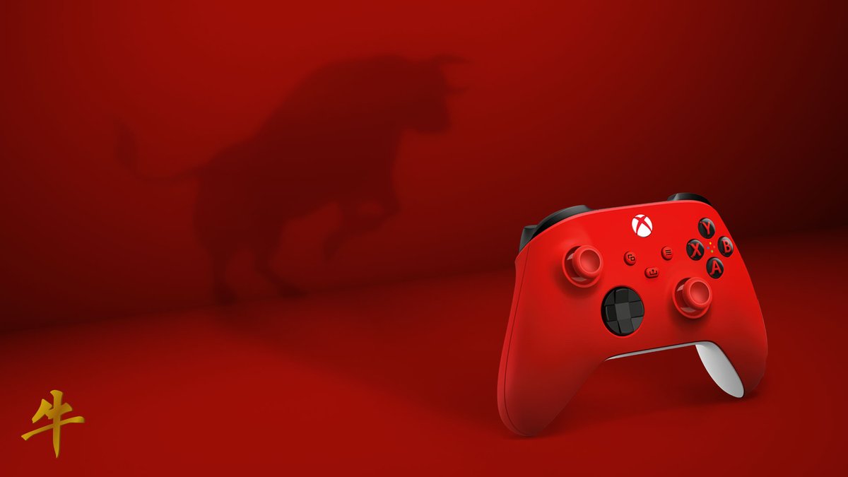 Xbox Pulse Red Controller casting an ox-shaped shadow on the red background. In the lower lefthand corner, there is a gold kanji symbol for 'OX'.