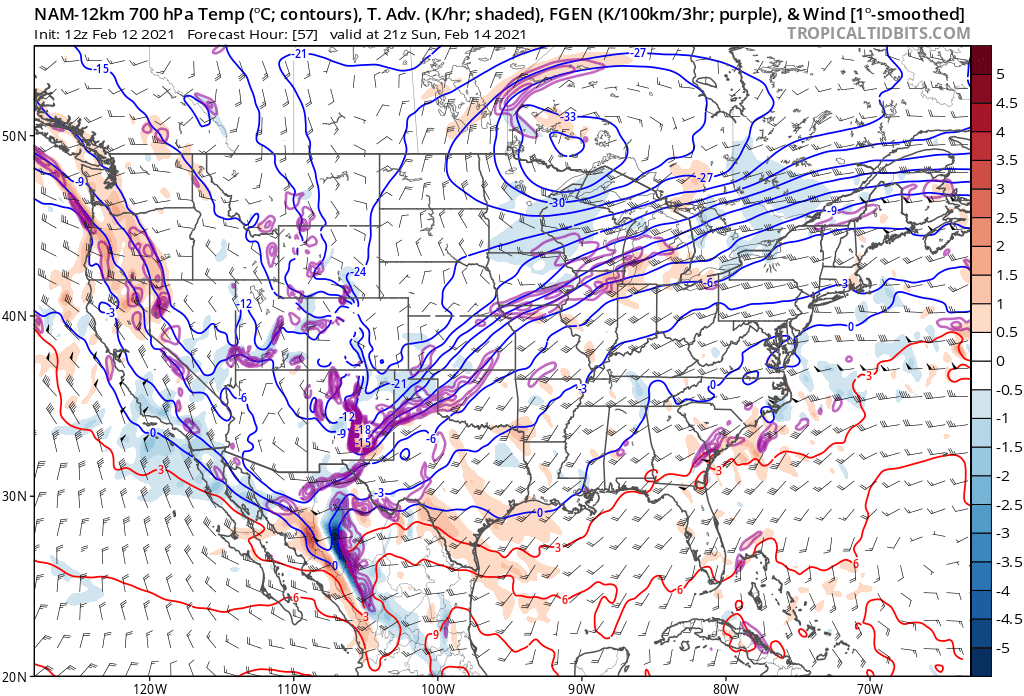 And... yeah. The whole "isentropic analysis" school of thought really doesn't yield a whole lot. Frontogenesis in the 850-700 mb layer is modest, there's generally light WAA... As someone who's learned winter forecasting here on the Southern Plains, I'm out of my element.