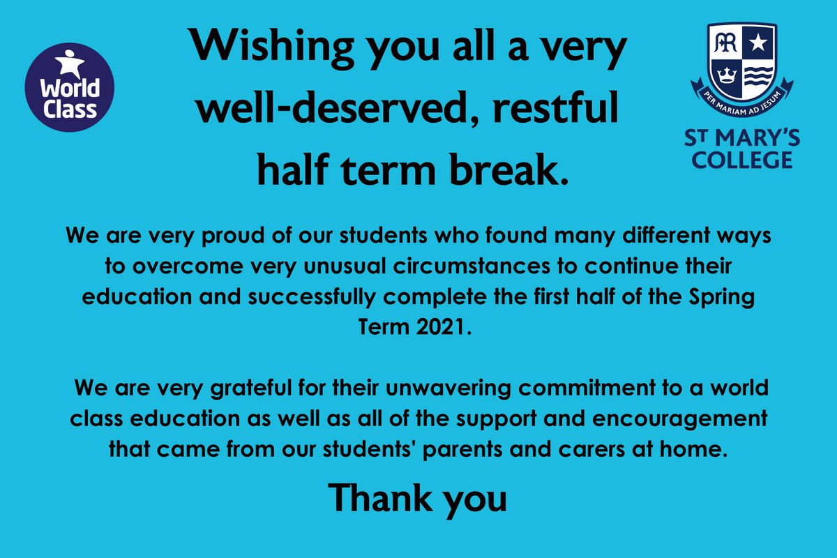 A thank you and a wish for a restful half term for all.

<a href="/SMCYear7/">SMC Year 8</a> <a href="/SMC_Year8/">SMC Year 9</a> <a href="/SMC_2022Grads/">Year 10</a> <a href="/SMC_2023Grads/">Mrs Lilley</a> @Y10SMC <a href="/SM6Hull/">SMC Sixth Form</a> <a href="/SM6_MHSC_Acad/">SM6 MHSC Academy</a> <a href="/smc_sport/">SMC Sport</a> <a href="/SMC_Maths/">Maths</a> <a href="/SMCPerfArts/">SMC Performing Arts</a> @creative_smc <a href="/SMCHistoryDept/">SMCHistoryDept</a> <a href="/Business_SMC/">SMC Business</a> <a href="/StMarysEnglish/">SMC English</a> <a href="/SMC_LRC/">St Mary's Library</a> <a href="/smc_chaplaincy/">SMC Chaplaincy</a> <a href="/SMC_CompScience/">SMC_CompScience</a>