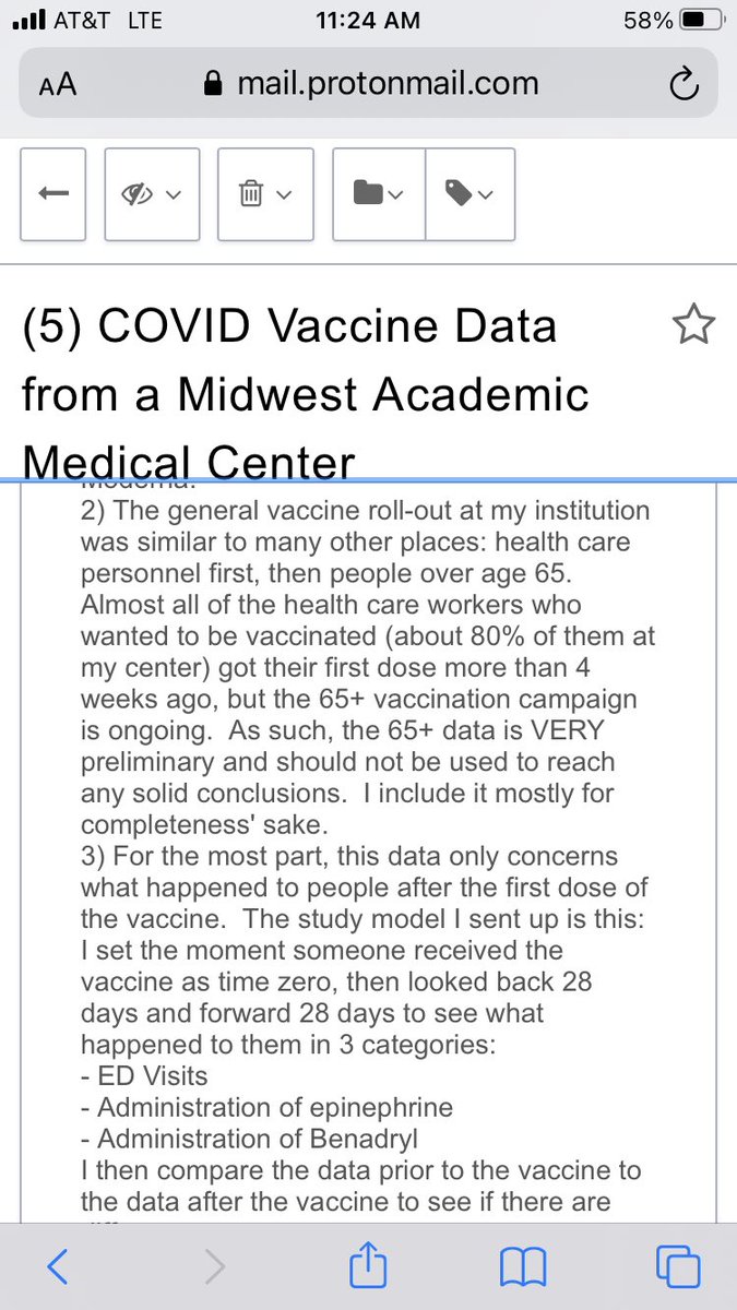 1/ Okay, some real vaccine side effect data from a concerned physician with access to a big database (10000+ patients under 65). He compared ER visits of people in the 28 days BEFORE they received their first dose with the same people in the 28 days AFTER...