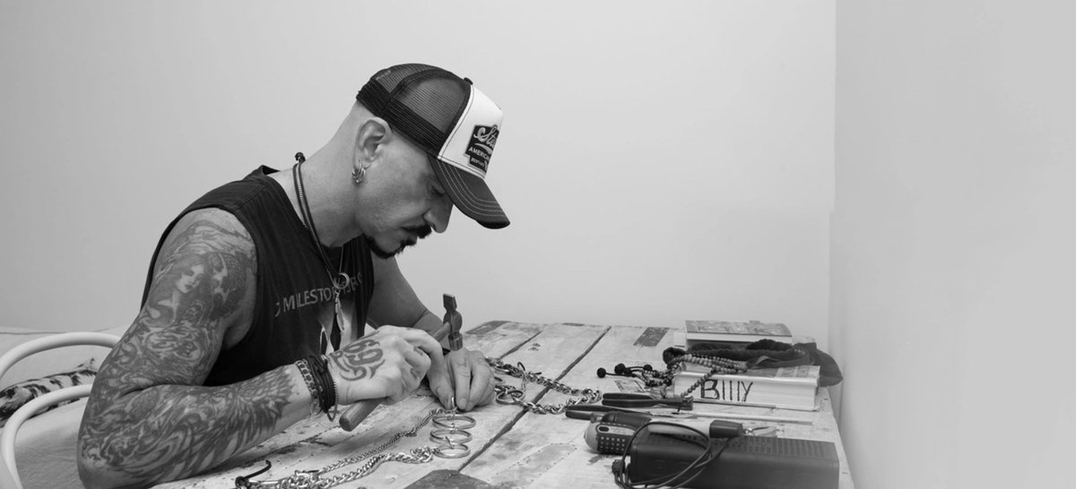 Johnny hard at work on our three ring chain design.--All our products are unique, handmade sterling silver designs. A great option for that last minute Valentine’s day gift that gives back to the music community through <a href="/MusiCares/">MusiCares</a> !