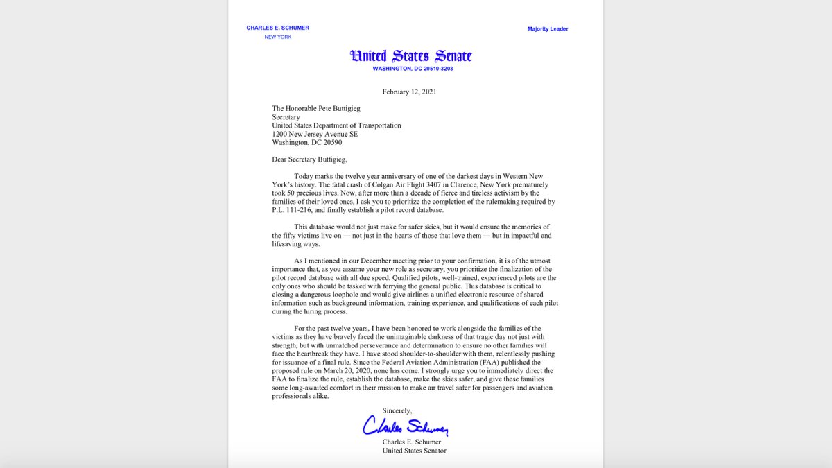 Today marks 12 years since the fatal crash of Colgan Air Flight 3407 in Clarence, New York that took 50 lives.

To Secretary Buttigieg: After more than a decade of tireless activism by these families, it's past time to prioritize the establishment a pilot record database.