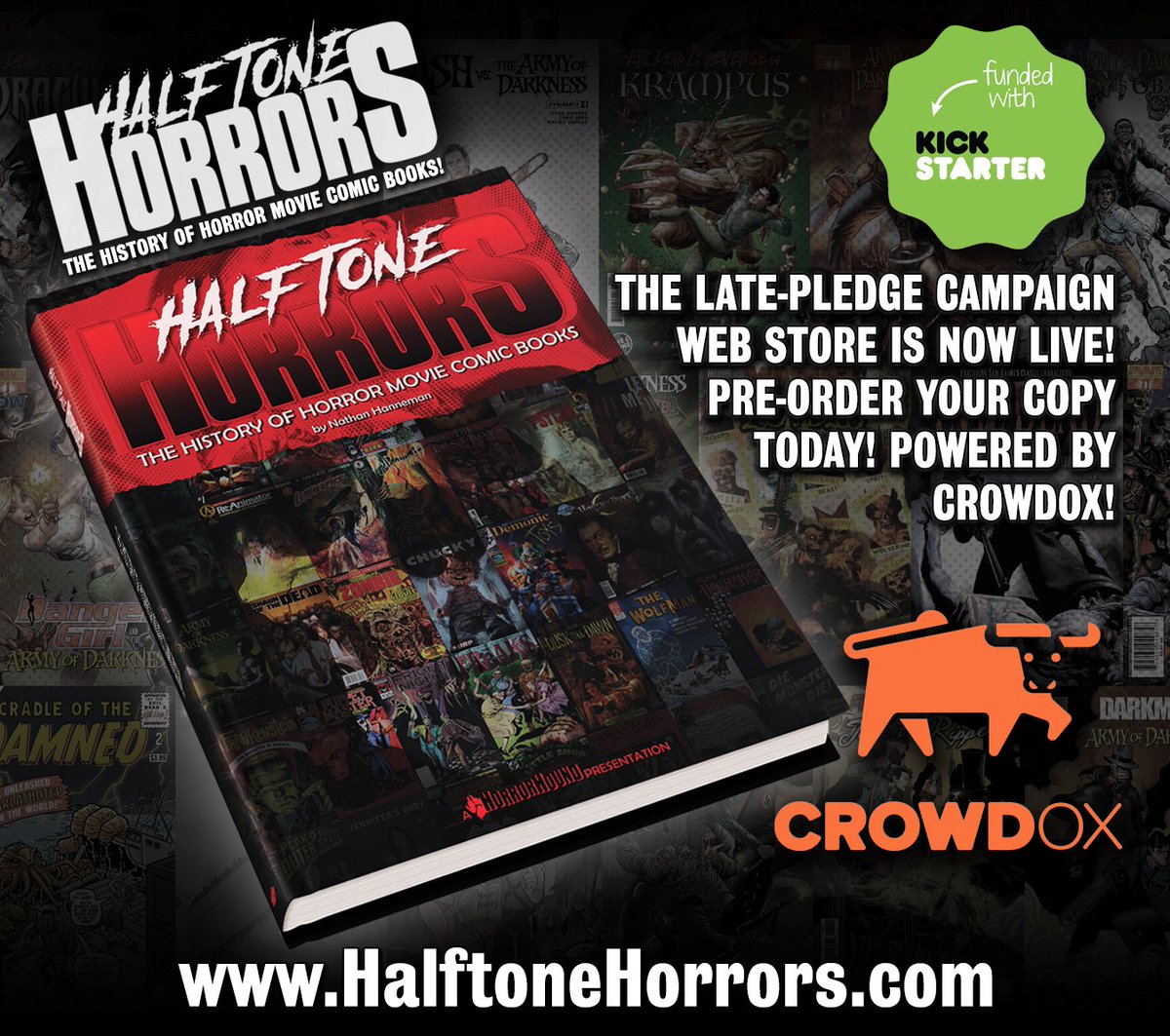 horrorhound's tweet photo. Halftone Horrors – late-pledge campaign store is now live! Pre-order your copy today! https://t.co/YHlwrLJZ84
#crowdox #horror #comic #comicbook #movie #book #halloween #art #fridaythe13th #horrorhound https://t.co/eowgh8ATT5