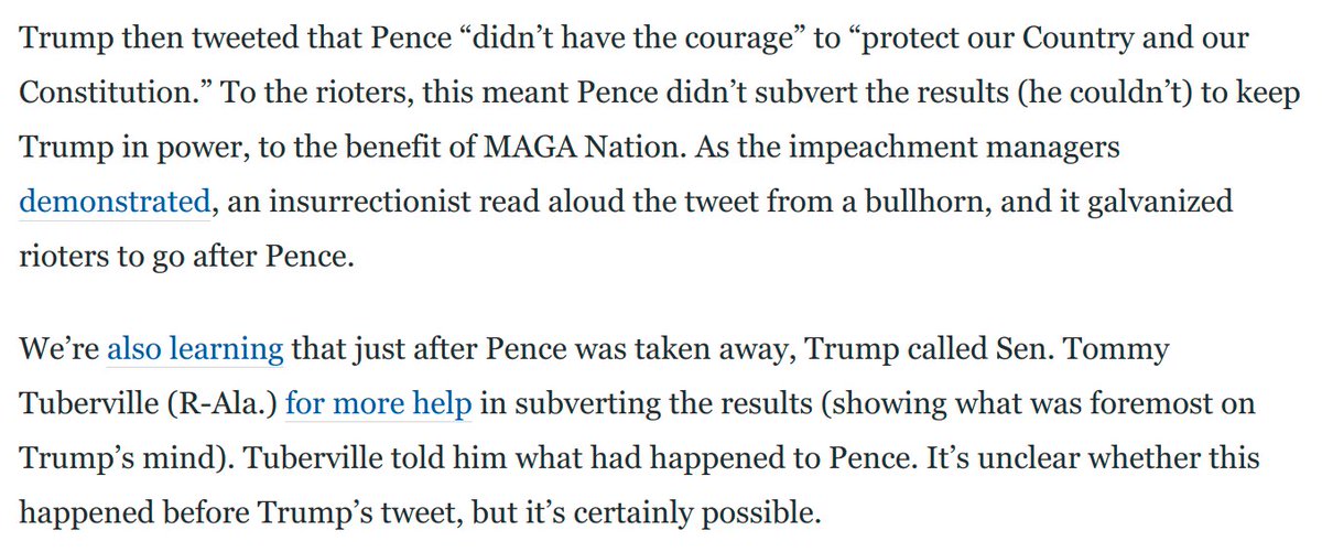 The chronology is increasingly damning. Live TV showed Pence being rushed to safety 11 minutes before Trump sent out that tweet casting Pence as a traitor to MAGA Nation.And as  @PostRoz and  @jdawsey1 report in a great piece, Trump was watching TV: https://www.washingtonpost.com/opinions/2021/02/12/democrats-call-witnesses-trump-impeachment/
