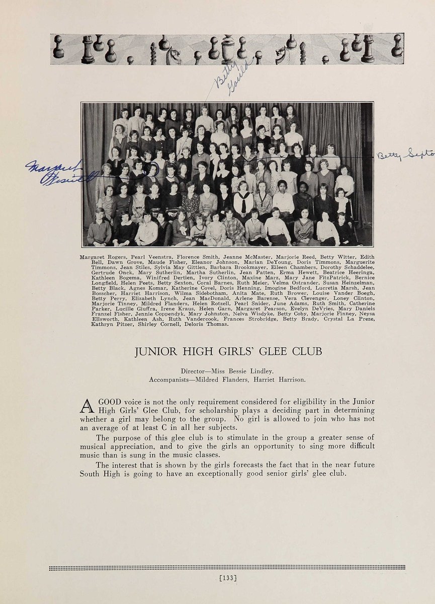 And there is so much more about Loney Clinton Gordon I never knew. Like, that she went to South High School at the same time as Gerald Ford. She and her sister Ivory were among the only Black children there. Here they are in the Girl's Junior High Glee Club in 1931
